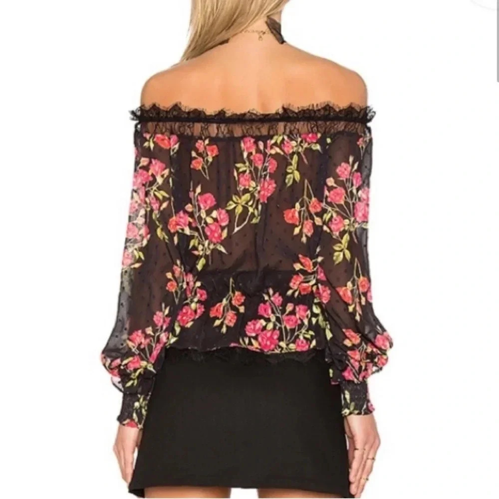 NWT NBD Black & Red Floral Semi-sheer Dylan Off-the-shoulder top with Lace XS - Picture 2 of 7
